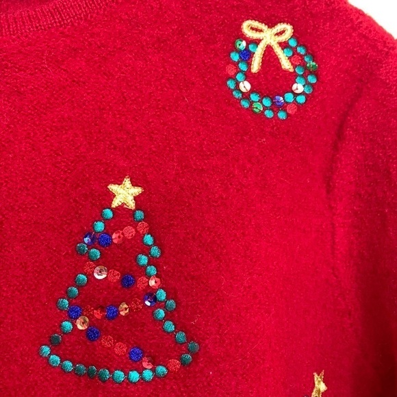 Karen Scott Sport Red Christmas Wool Thick Knit Embroidered Sequin Cardigan M/L - Picture 9 of 16